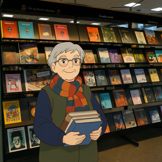 En tegning af en kvinde på biblioteket