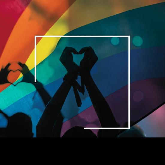 Pride flag, løftede arme og hænder, der laver hjerter