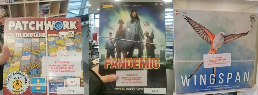 Wingspan Pandemic Patchwork tre brætspil du kan låne på Næstved Bibliotek 