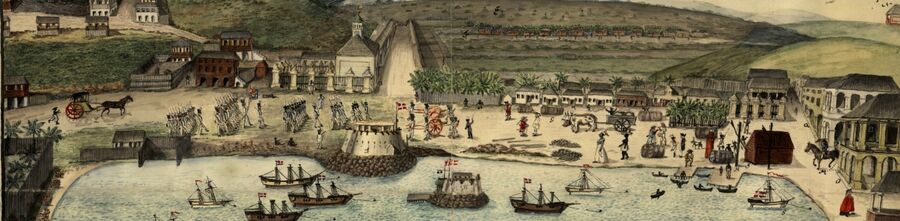 Aktivitet på havnepladsen i Christiansted i 1815. Foto Rigsarkivet. Fra Statens Arkiver