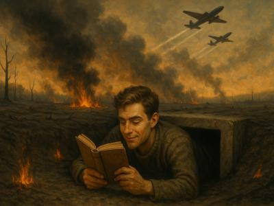 En person kravler ned i en bunker for at læse sin roman i sikkerhed