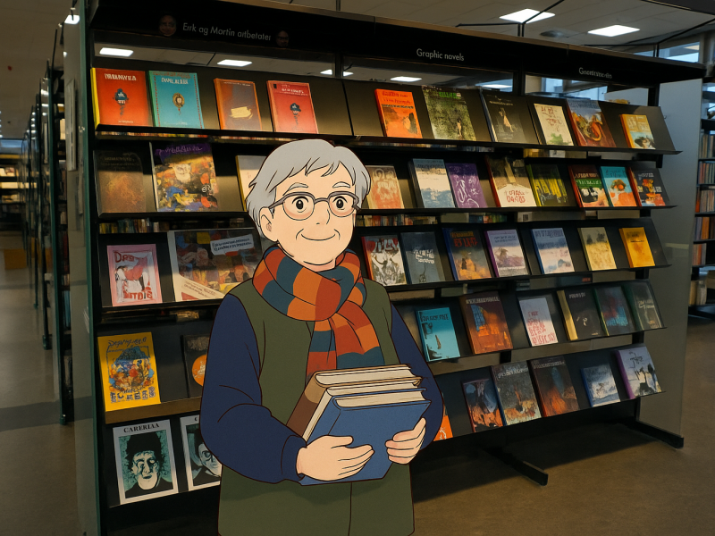 En tegning af en kvinde på biblioteket